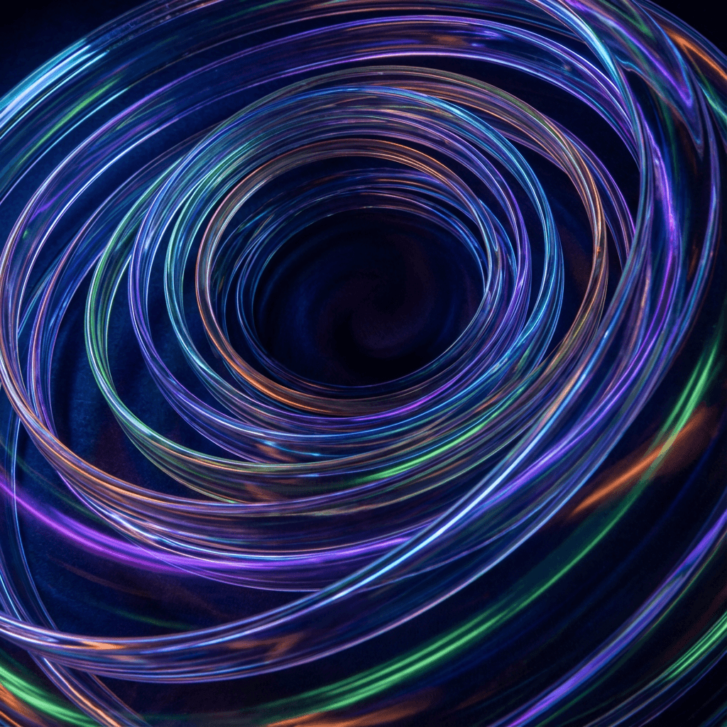 Abstract generative artwork: concentric ribbons of translucent neon color spiraling into a dark void