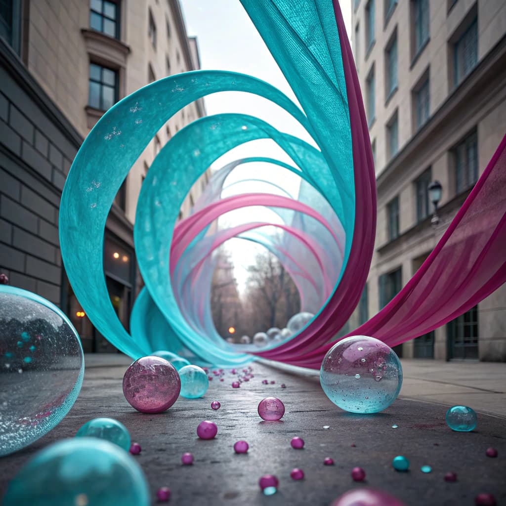 Abstract generative artwork of flowing liquid ribbons and translucent glass-like orbs, neon cyan and