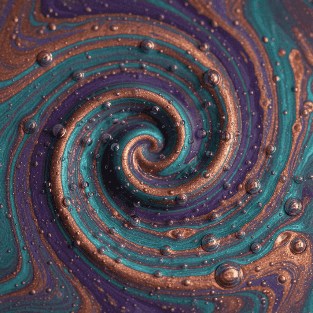 Abstract macro fluid art: swirling metallic pigments suspended in viscous liquid, dynamic vortex of