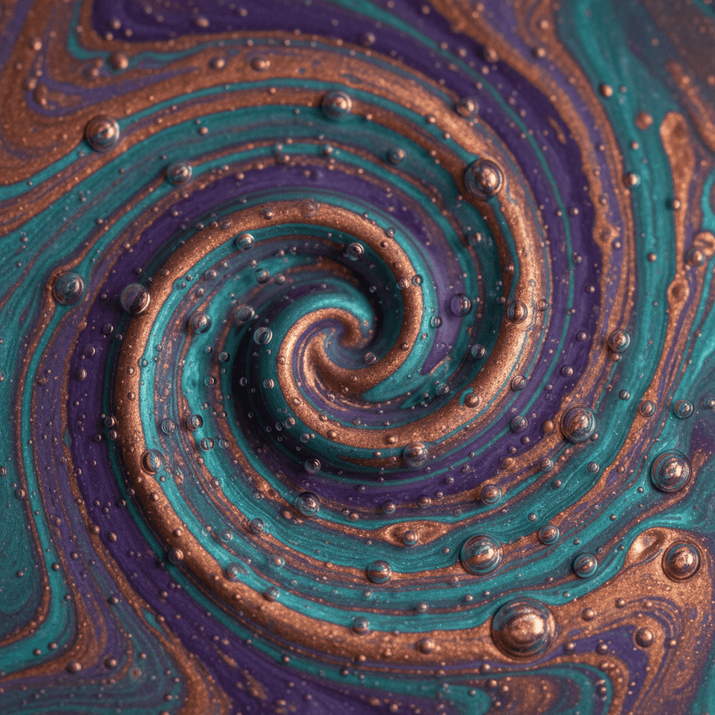 Abstract macro fluid art: swirling metallic pigments suspended in viscous liquid, dynamic vortex of