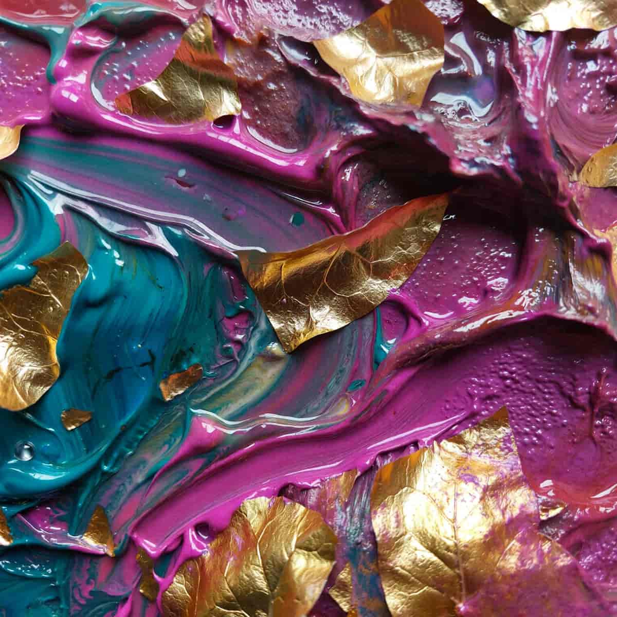 Abstract mixed-media artwork showing swirling layers of oil paint, iridescent metallic leaf and resi