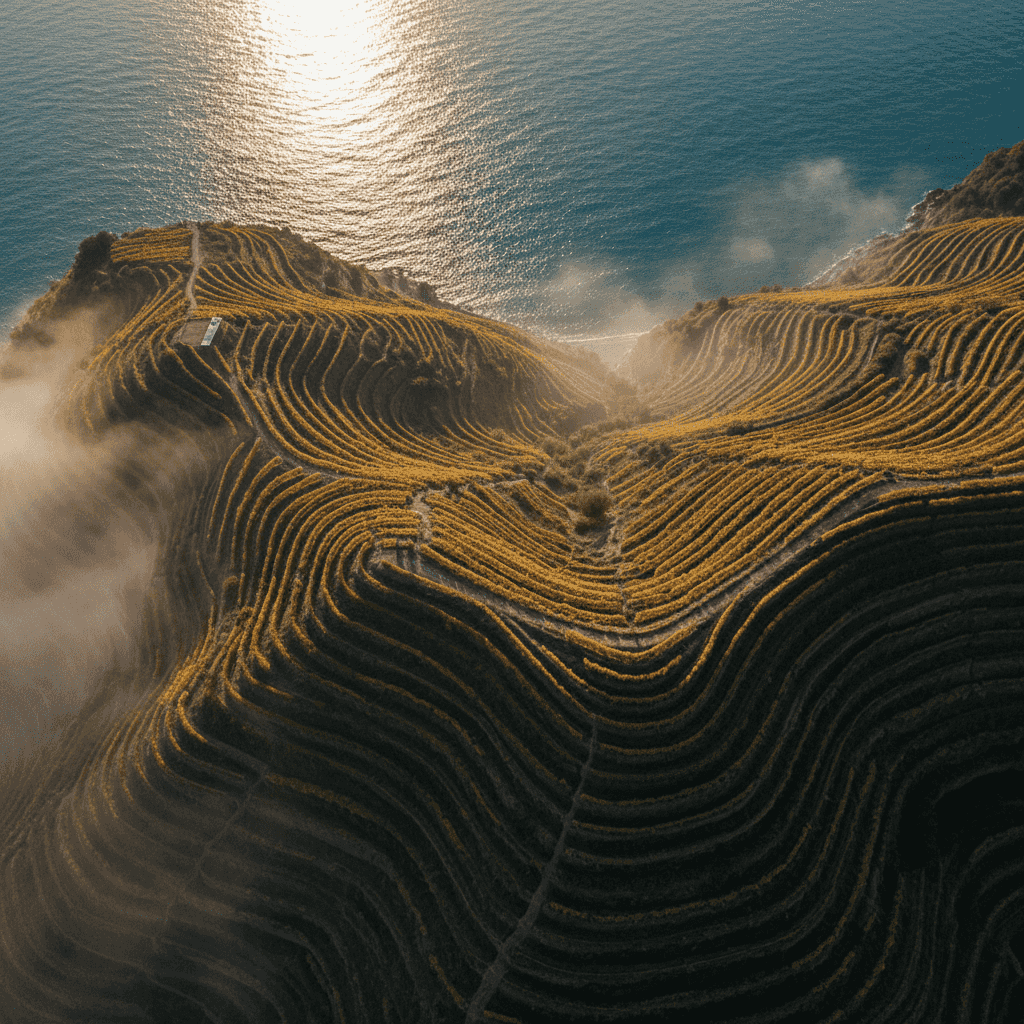 Aerial drone photograph of terraced vineyards on a coastal slope at golden hour: repeating geometric