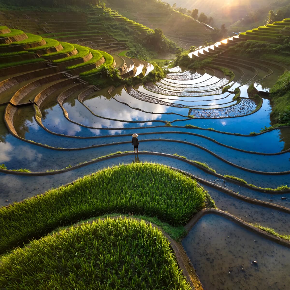Aerial drone photograph, top-down perspective of terraced rice fields after a storm, mirrored water
