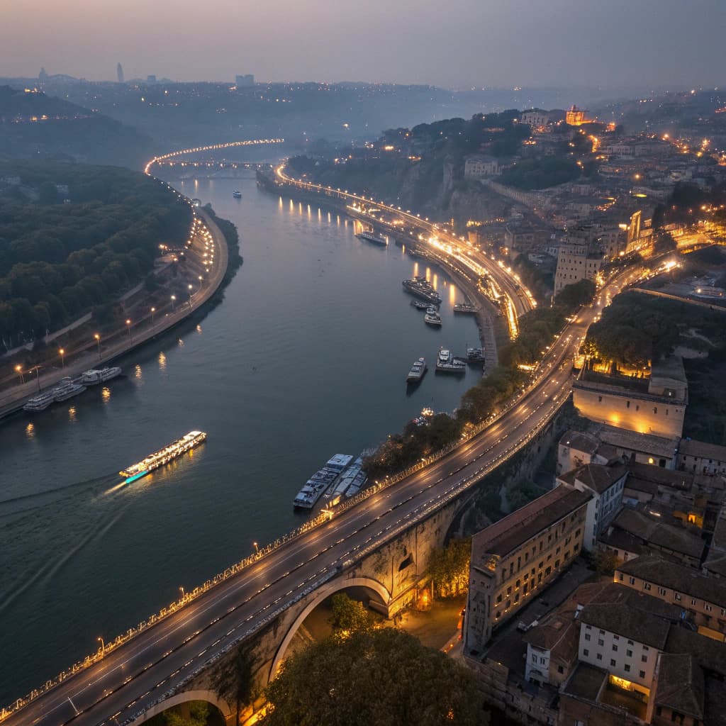 Aerial night photograph of an old river city with illuminated bridges and winding streets, long expo
