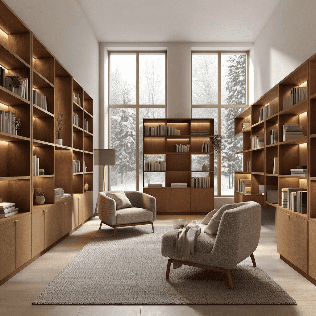 Architectural interior render of a Scandinavian-style minimalist library: warm oak shelving, integra