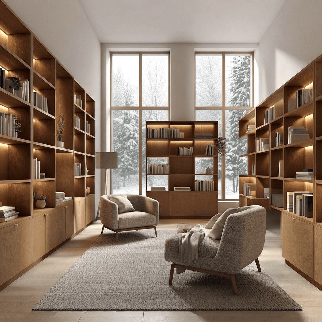 Architectural interior render of a Scandinavian-style minimalist library: warm oak shelving, integra
