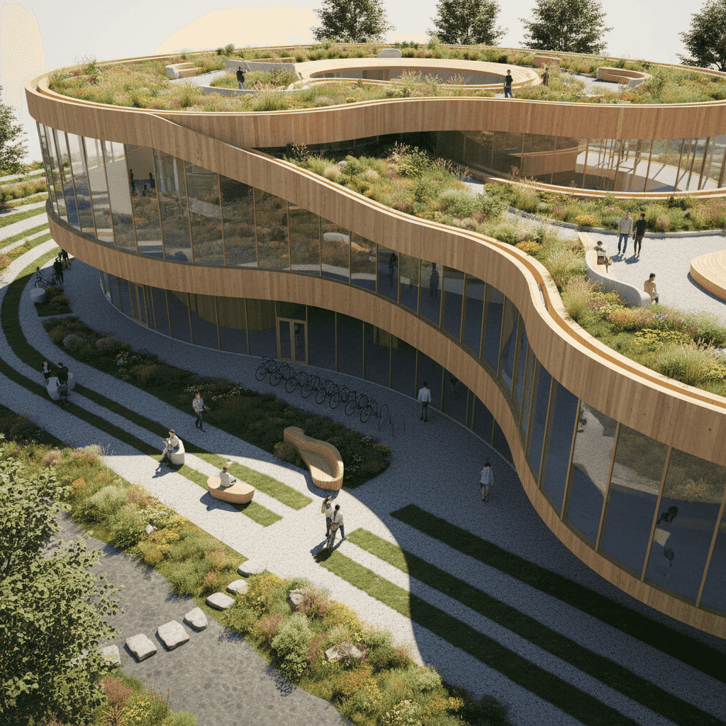 Architectural visualization of a community center made of cross-laminated timber and curved glass, s