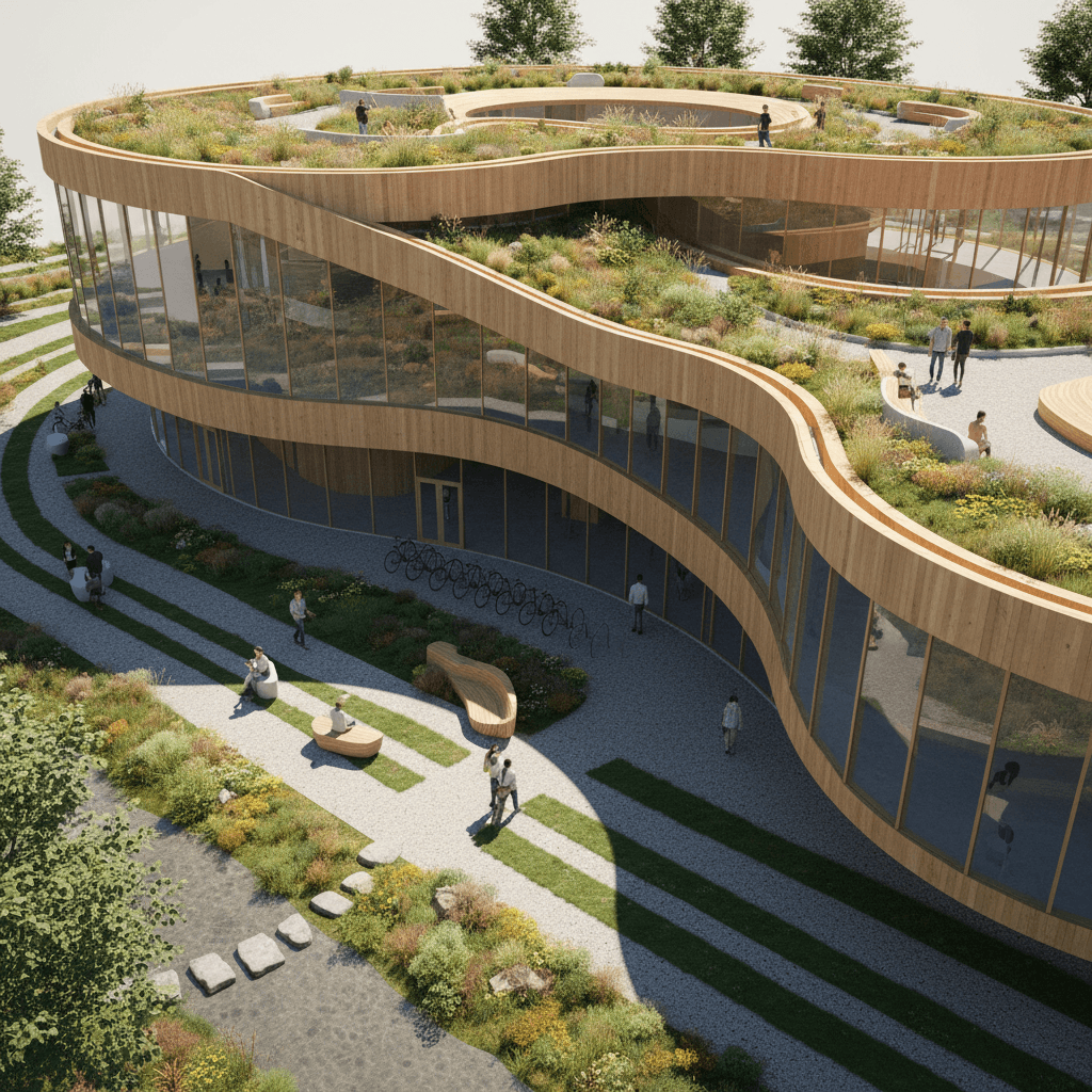 Architectural visualization of a community center made of cross-laminated timber and curved glass, s