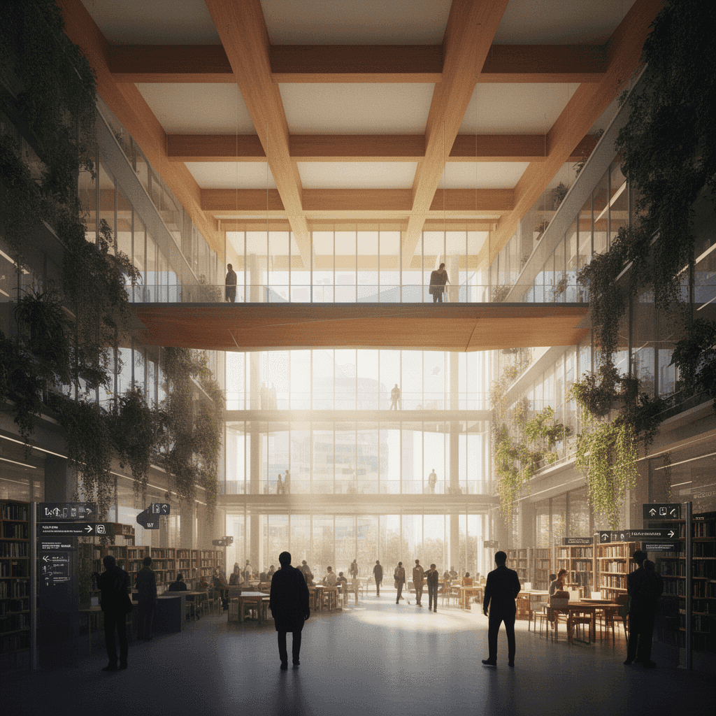 Architectural visualization of a futuristic public library interior at midday: multi-level open atri