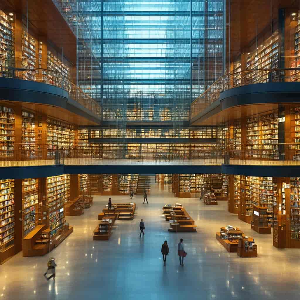 Architectural visualization of a modern glass-and-wood public library at dusk, interior atrium view