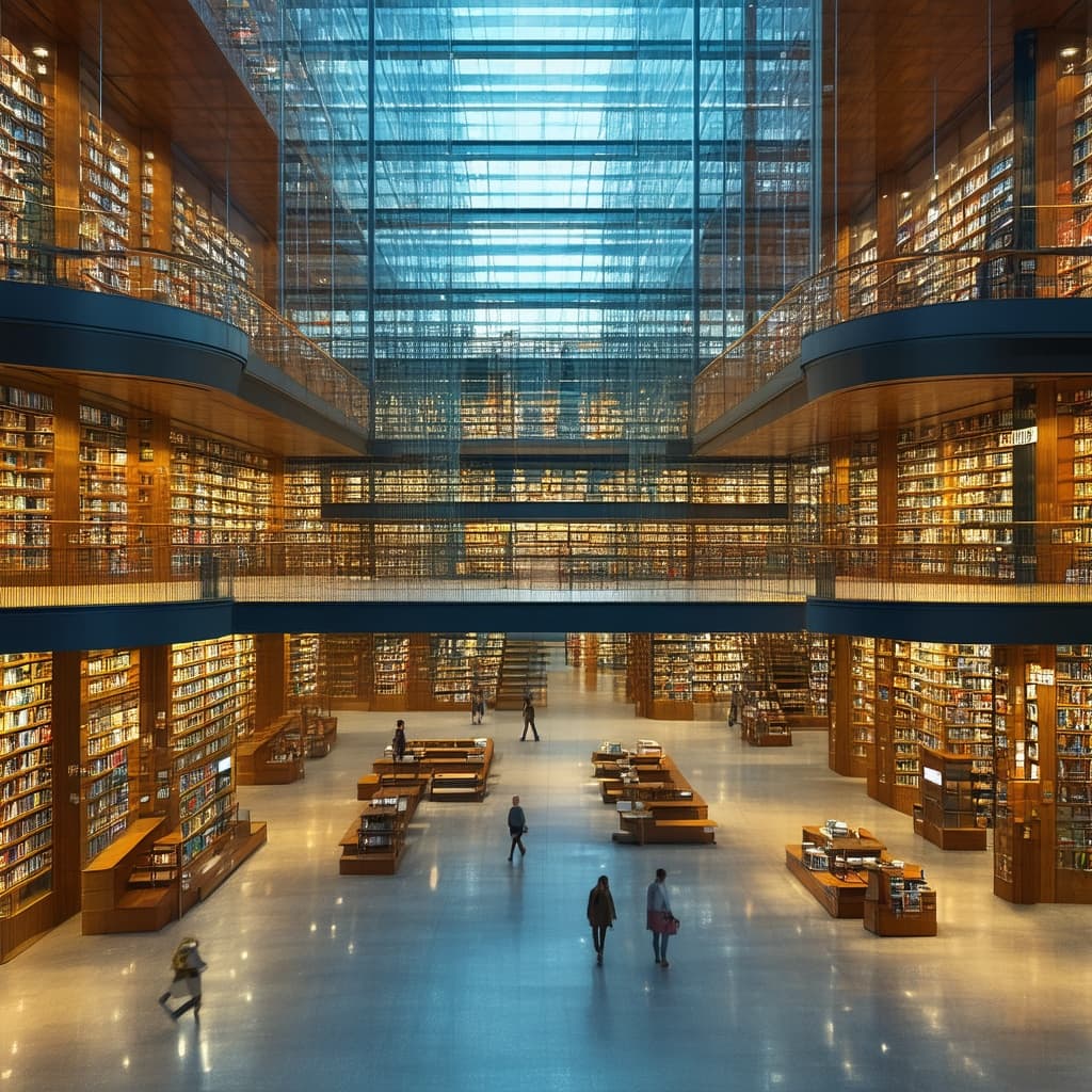 Architectural visualization of a modern glass-and-wood public library at dusk, interior atrium view
