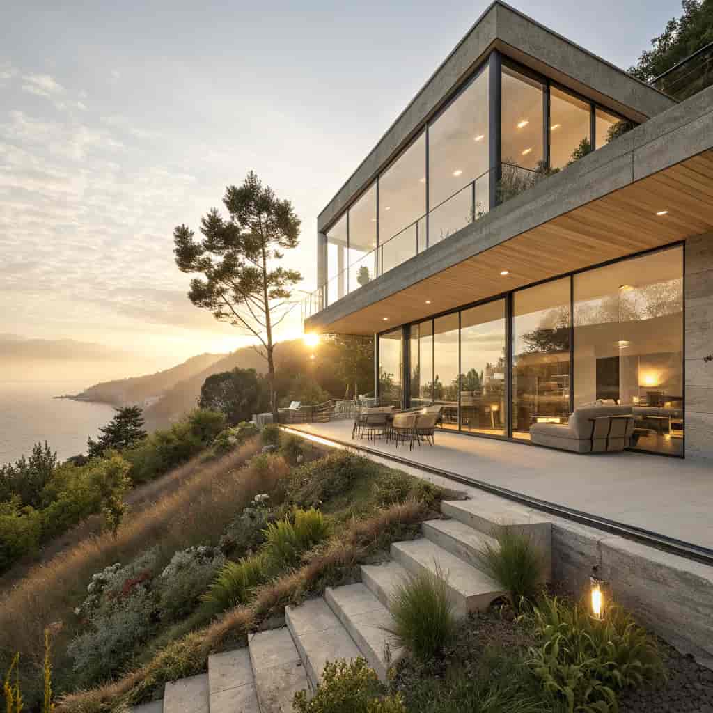 Architectural visualization of a modern glass cliffside villa at golden hour, exterior and living-ro