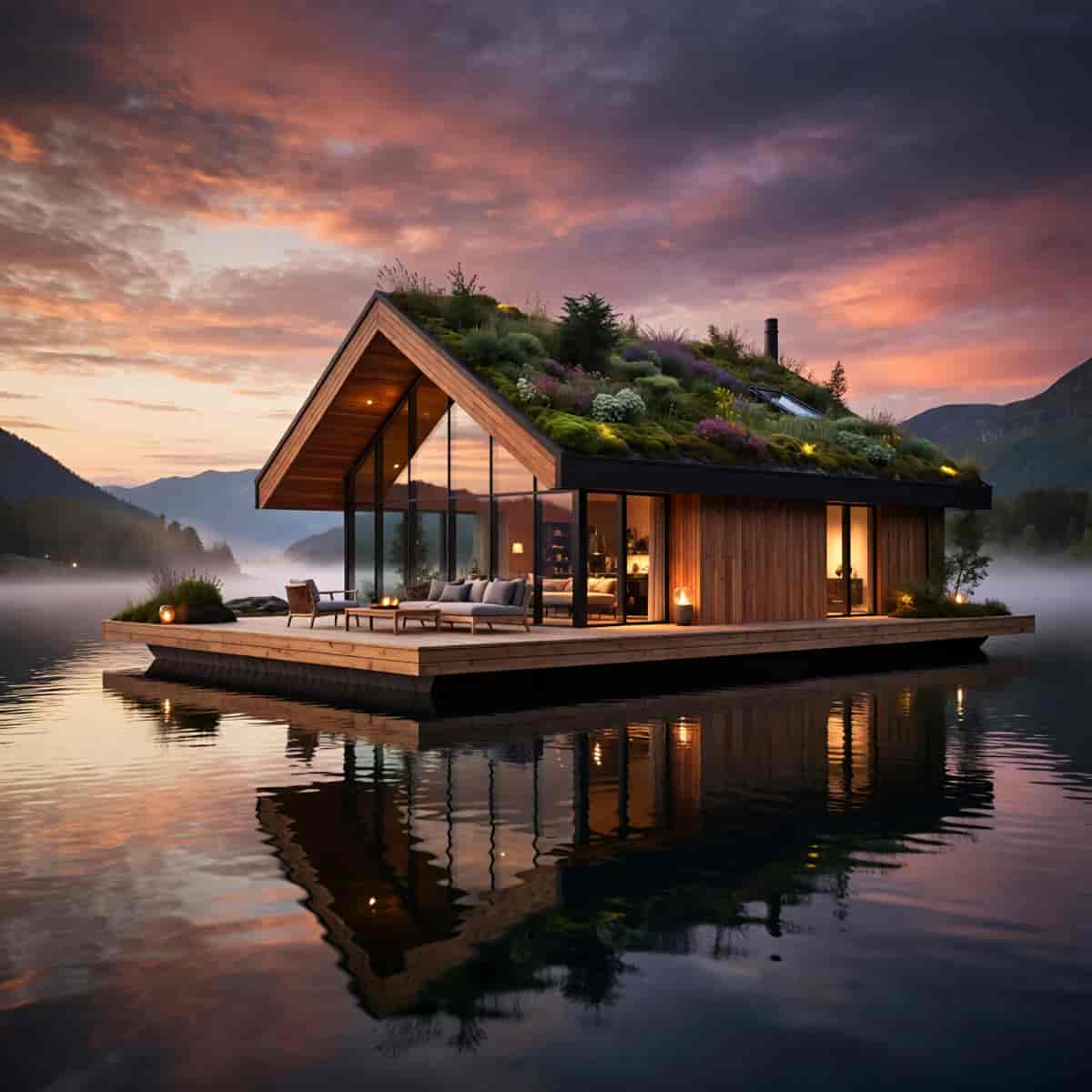 Architectural visualization of a sustainable floating house on a calm fjord: floor-to-ceiling glass