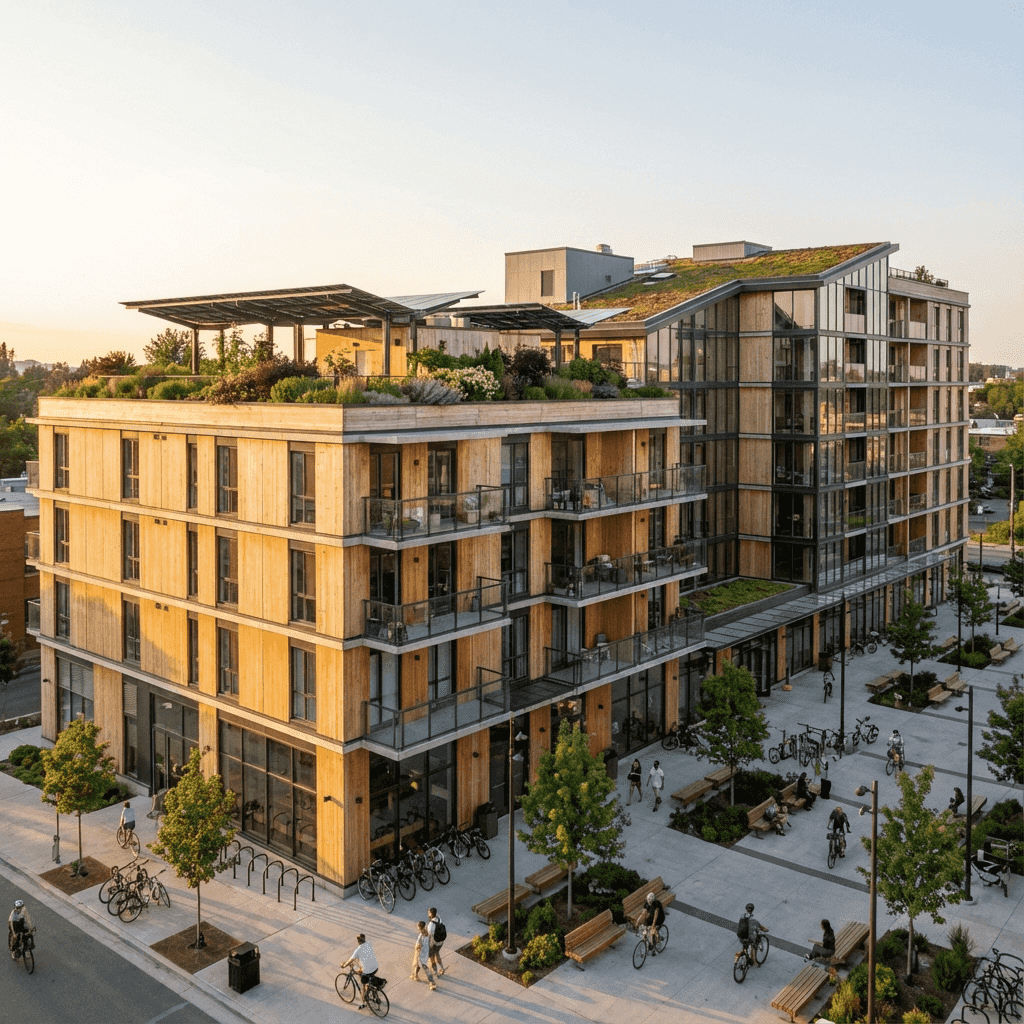 Architectural visualization of a sustainable mid-rise residential building with timber facade and fl