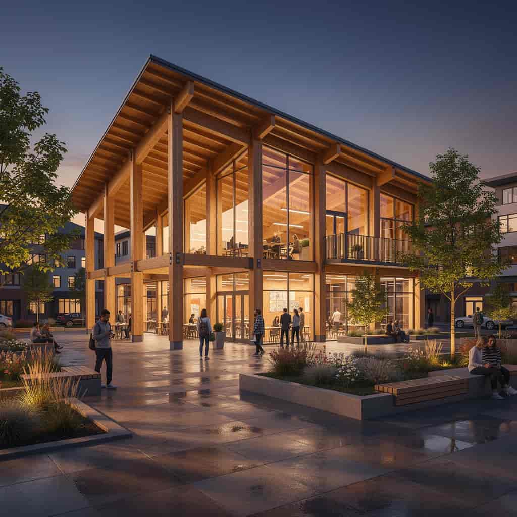 Architectural visualization of a timber-framed community center at dusk with large glass facades, wa