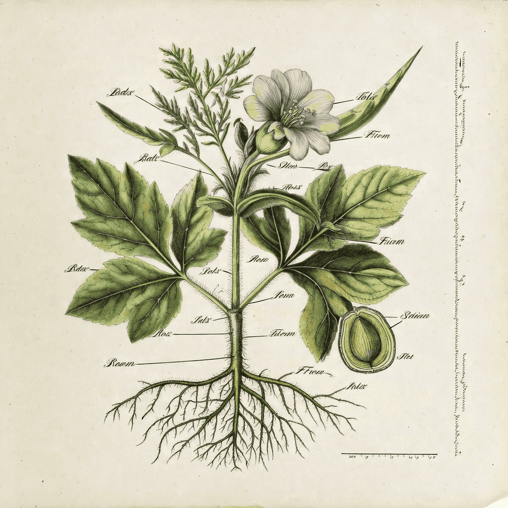 Botanical scientific illustration of a medicinal herb: precise ink linework and delicate watercolor