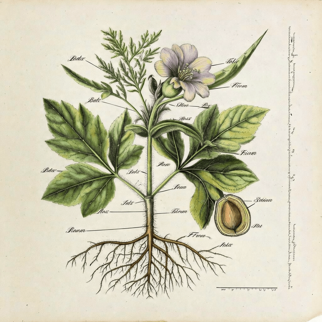 Botanical scientific illustration of a medicinal herb: precise ink linework and delicate watercolor