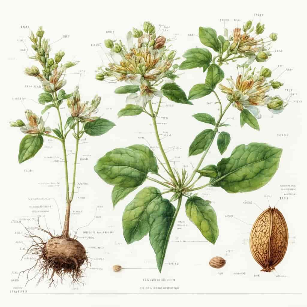 Botanical scientific watercolor illustration of a medicinal plant with detailed root, stem, leaves a