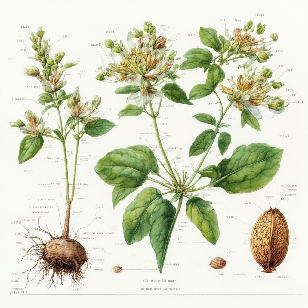 Botanical scientific watercolor illustration of a medicinal plant with detailed root, stem, leaves a