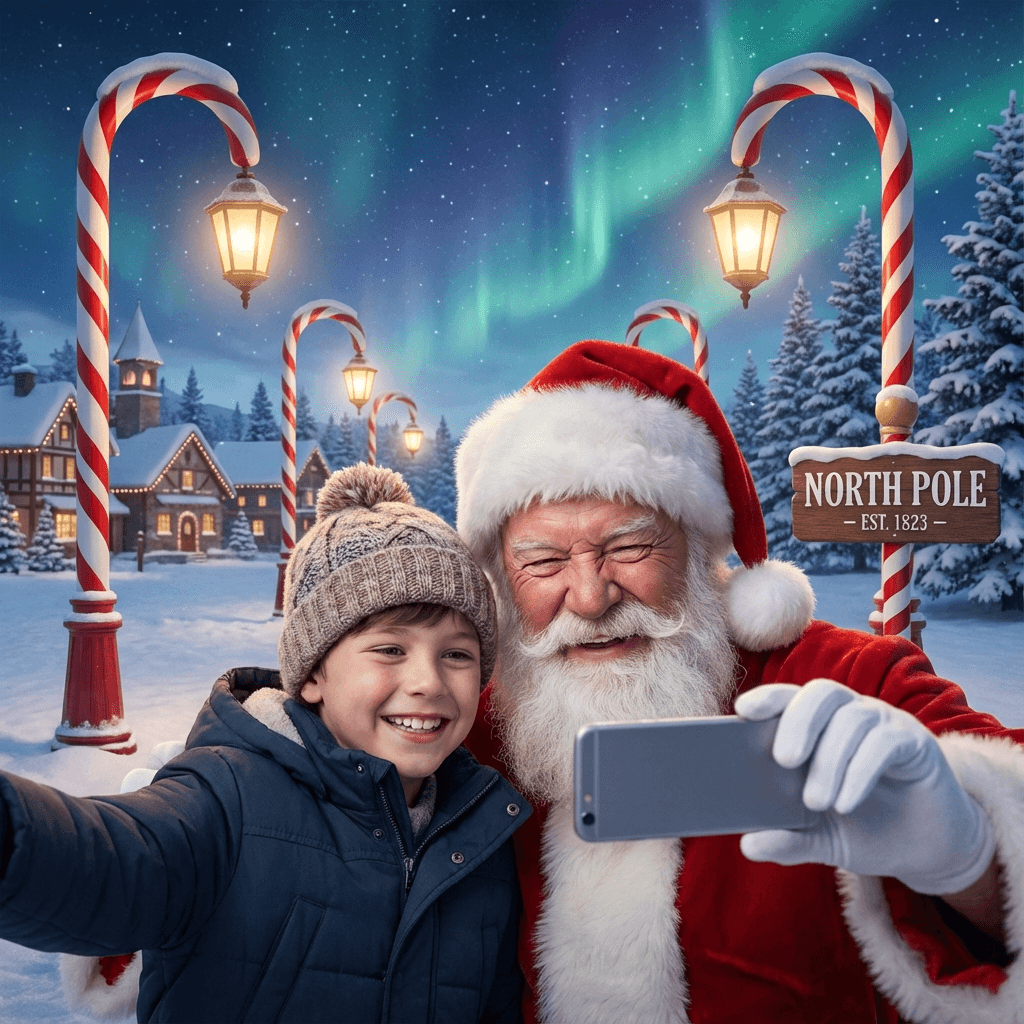 Santa Selfie example generated with Nano Banana Pro