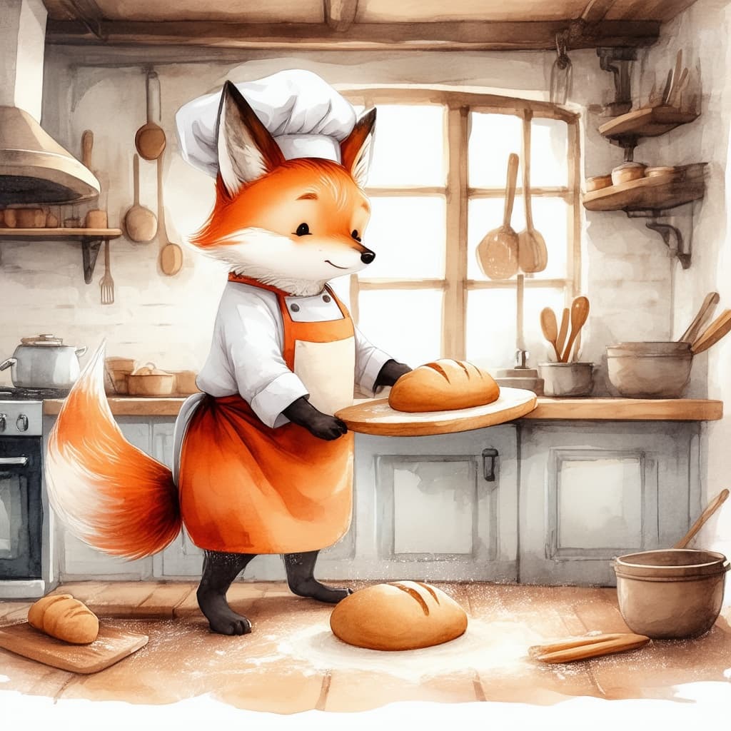 Children's book illustration of an adorable anthropomorphic fox chef baking bread in a cozy cottage