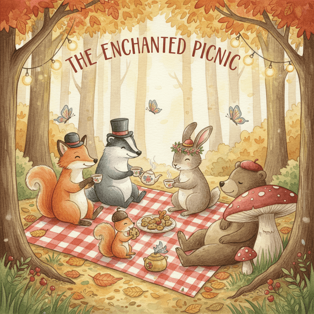 Children's book watercolor illustration of a picnic in an enchanted forest: anthropomorphic animals