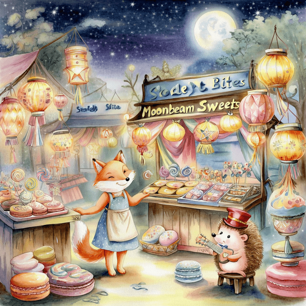 Children's book watercolor illustration of a whimsical night market run by animals: lantern-lit stal