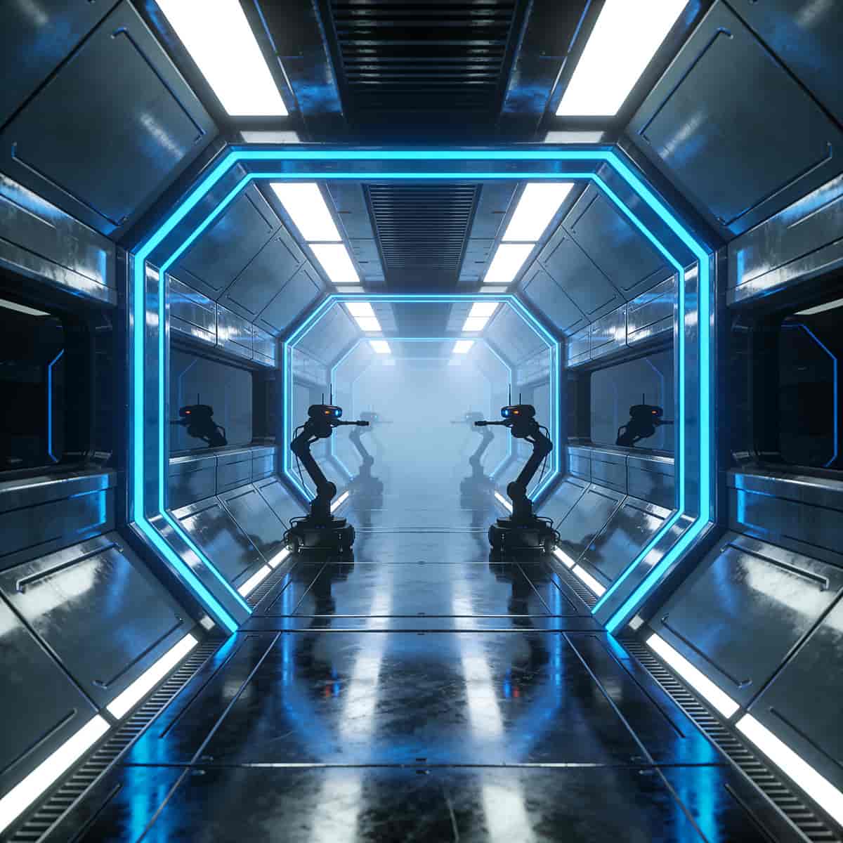 Cinematic sci-fi interior render of a sterile spaceship corridor with a strong perspective vanishing