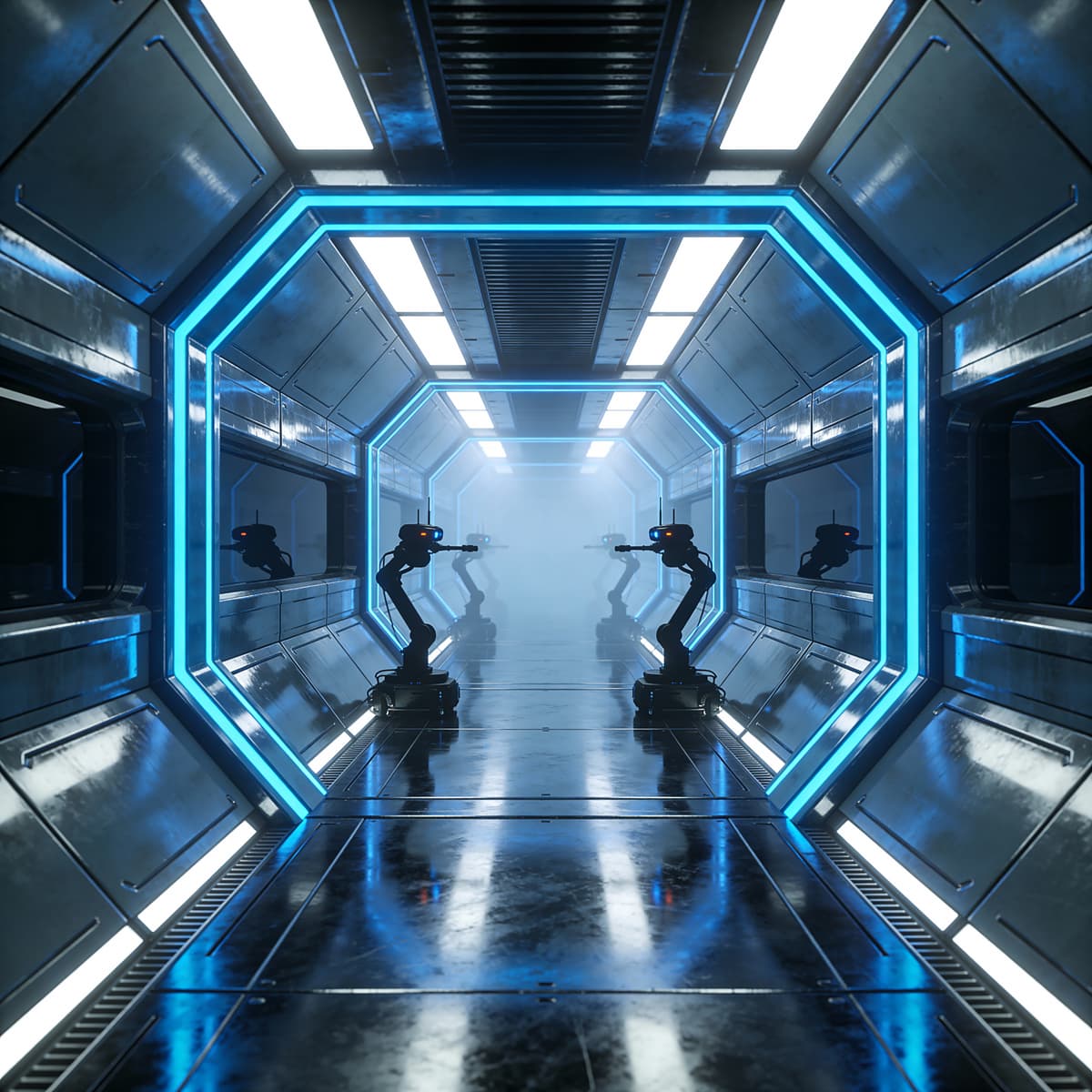 Cinematic sci-fi interior render of a sterile spaceship corridor with a strong perspective vanishing