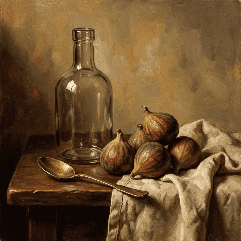 Classical still life oil painting of a clear glass bottle, a small cluster of ripe figs, a folded li