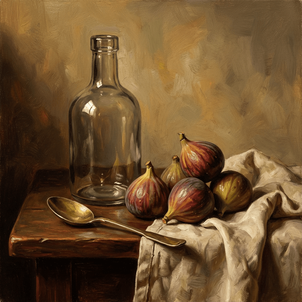 Classical still life oil painting of a clear glass bottle, a small cluster of ripe figs, a folded li