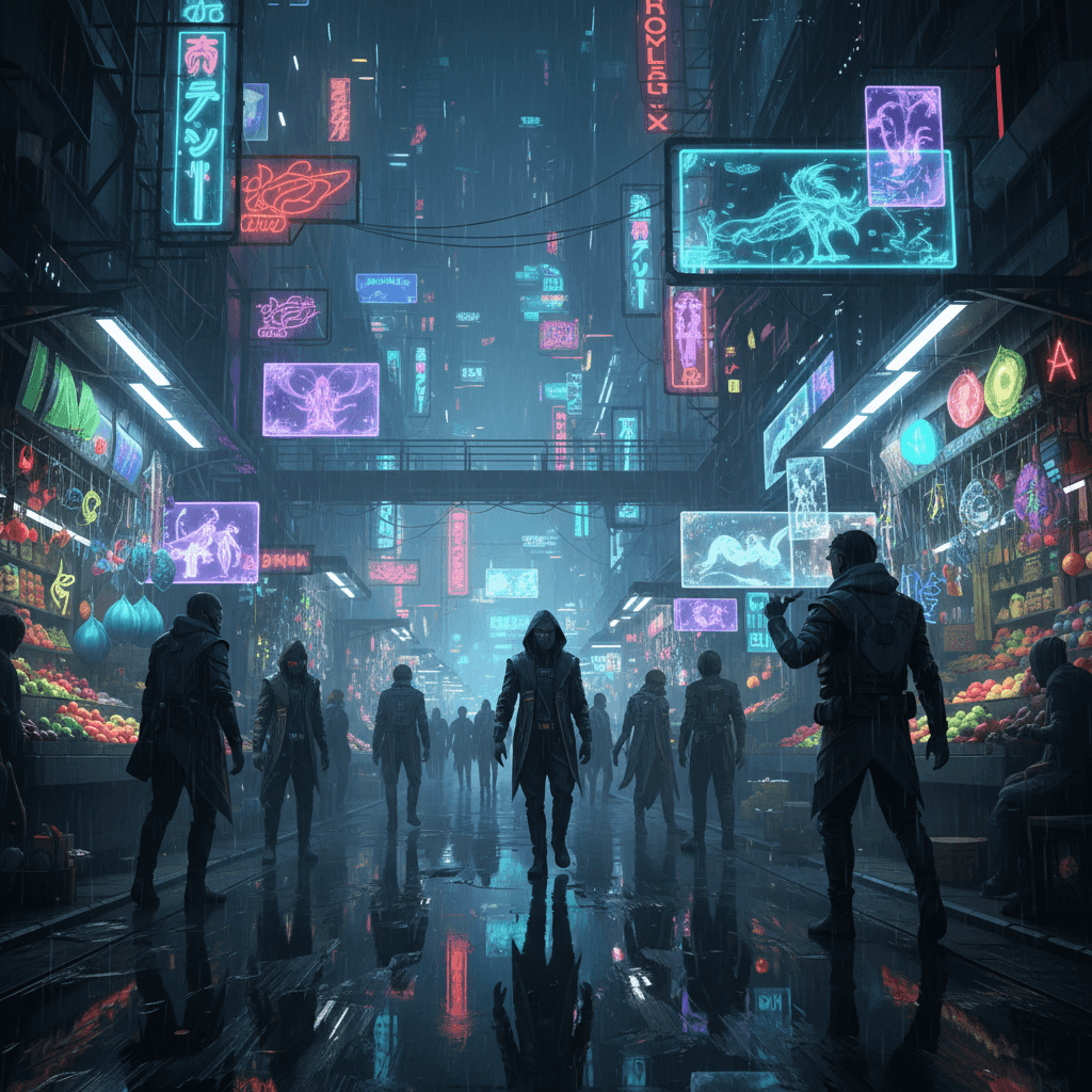 Concept art of a neon-drenched sci-fi street market at night: crowded multilayered stalls selling ex