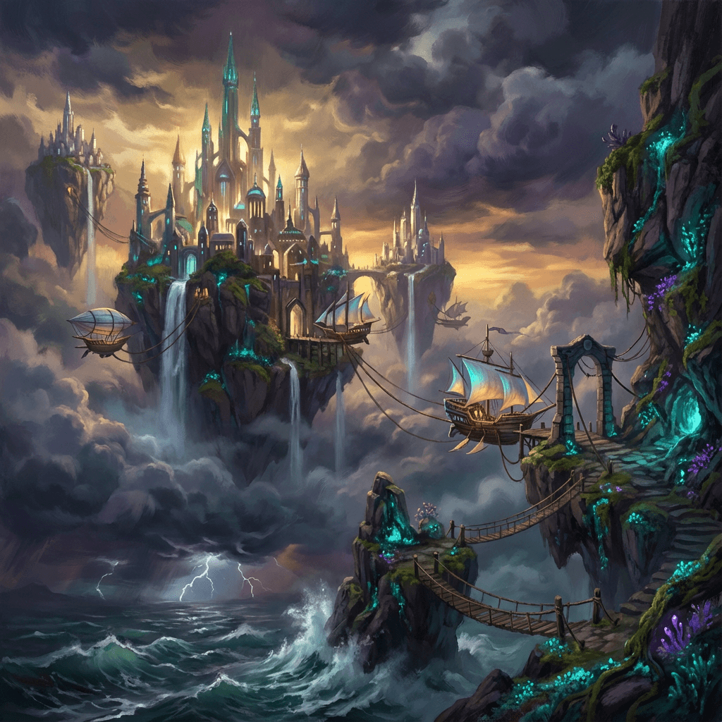 Concept art painting of a floating island metropolis above a stormy ocean, towering spires with wate