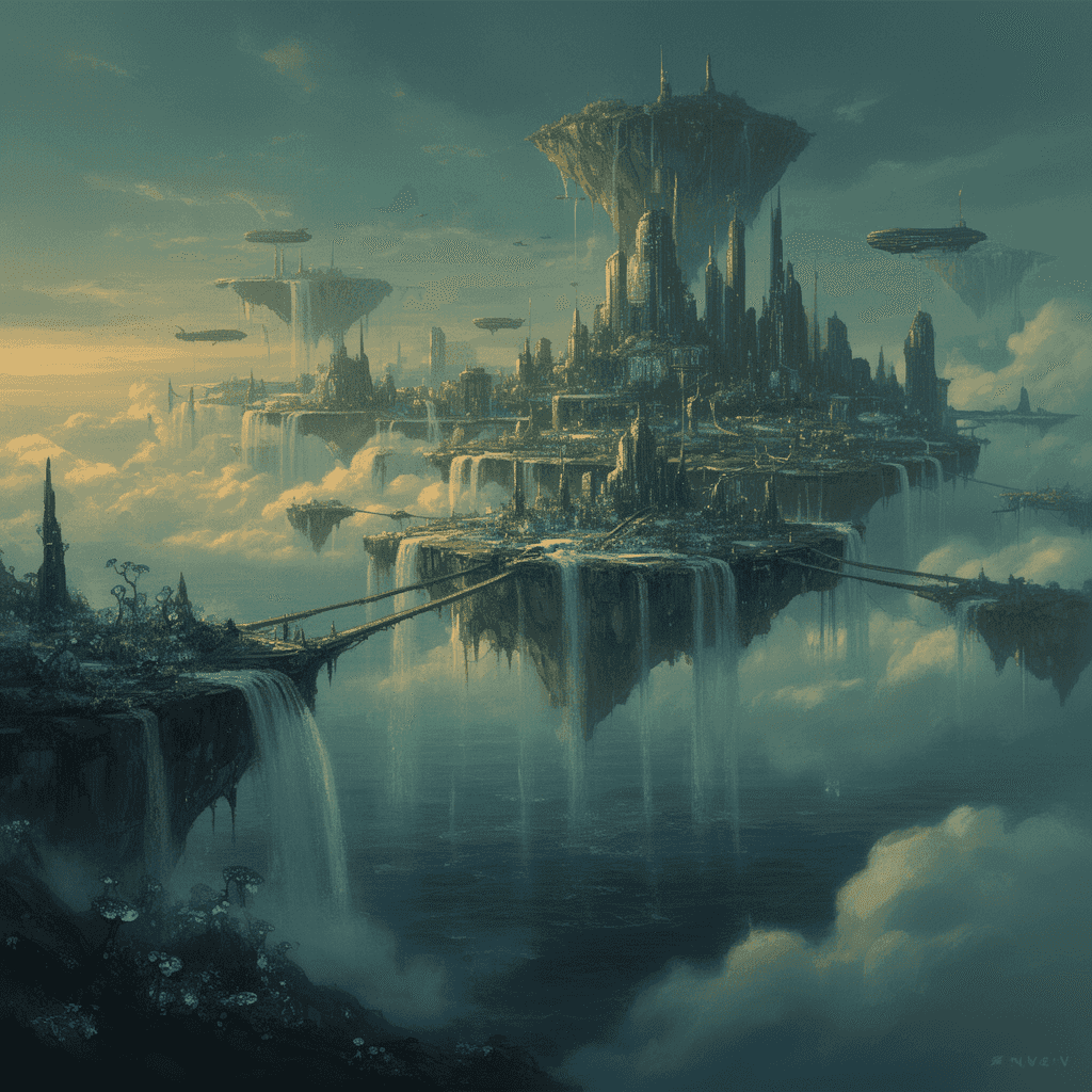 Concept art panorama of a floating city above the ocean: massive platforms tethered to sky-islands,