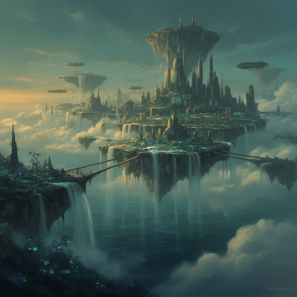 Concept art panorama of a floating city above the ocean: massive platforms tethered to sky-islands,