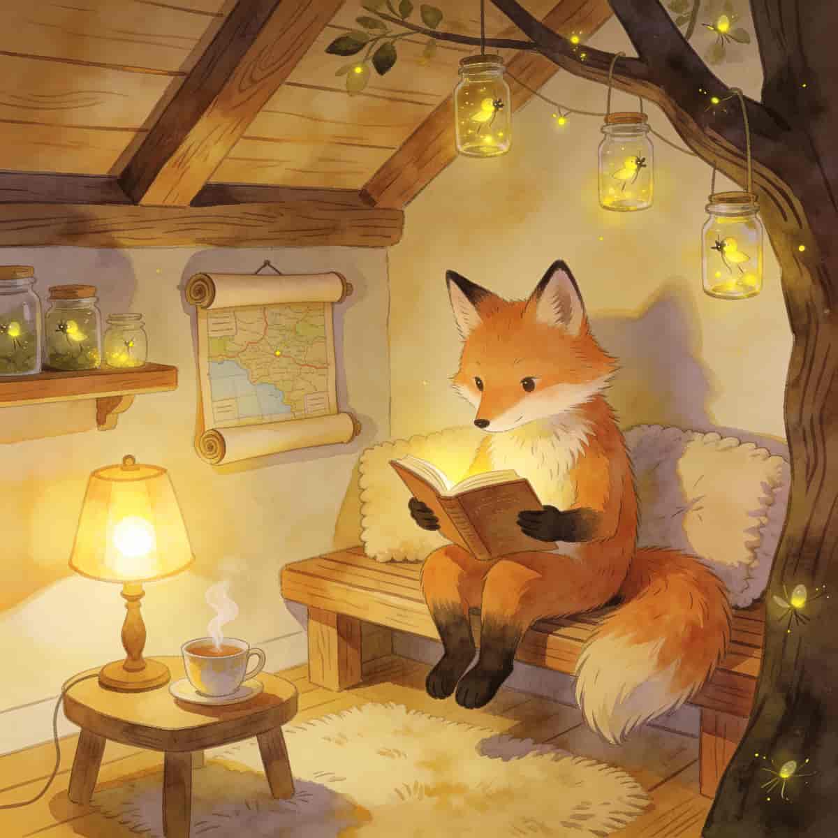 Cozy children's book illustration of a treehouse interior where an anthropomorphic fox reads by lamp