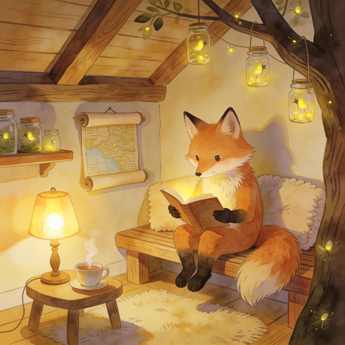 Cozy children's book illustration of a treehouse interior where an anthropomorphic fox reads by lamp