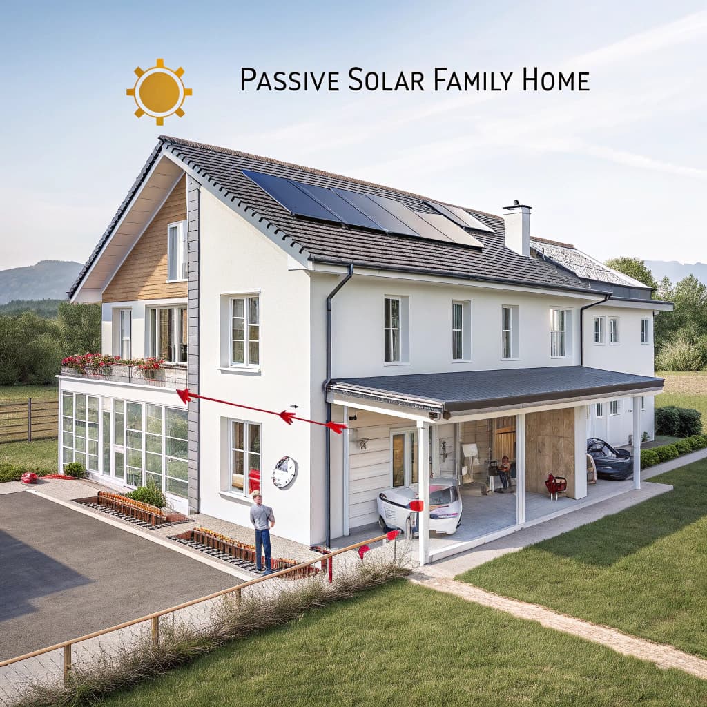 Cross-sectional architectural infographic of a passive solar family home showing roof insulation, th