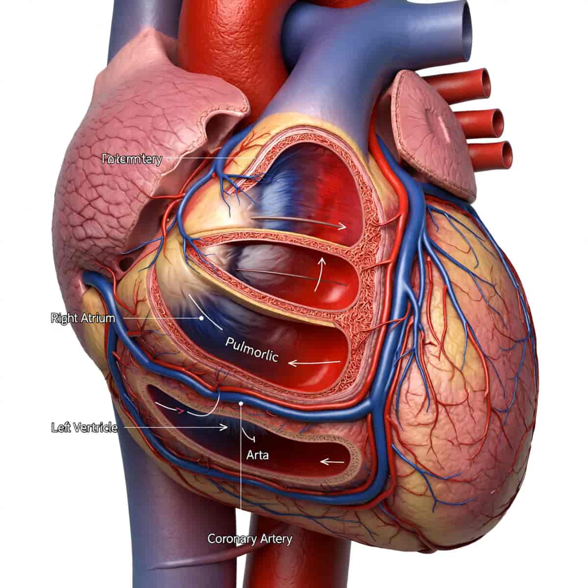 Detailed medical illustration cross-section of the human heart showing chambers, valves, coronary ar