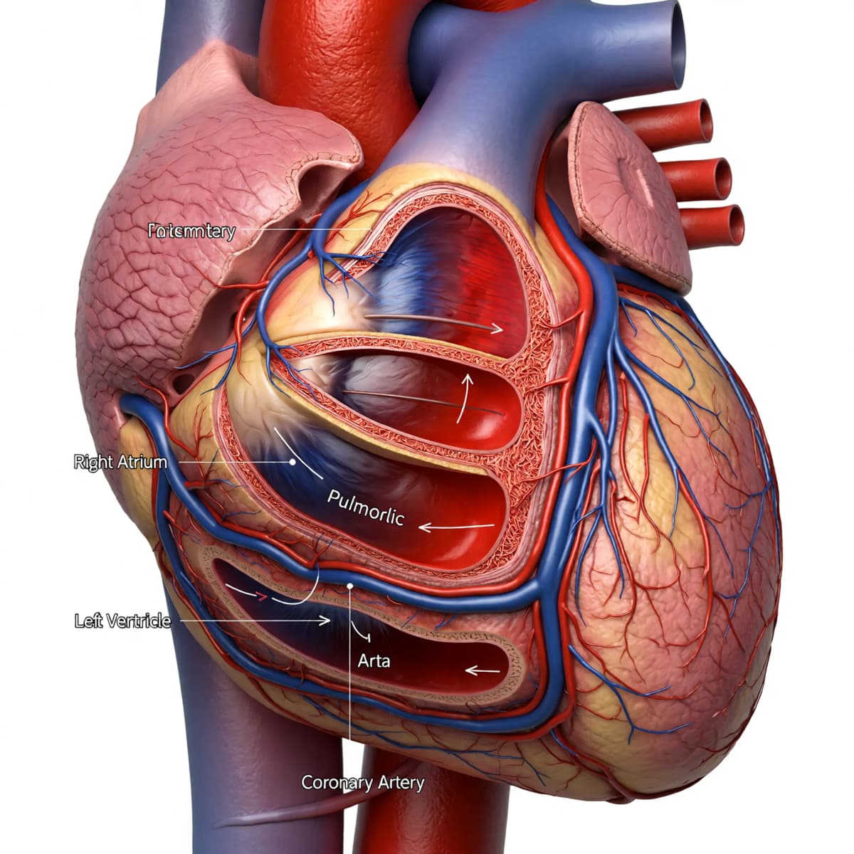 Detailed medical illustration cross-section of the human heart showing chambers, valves, coronary ar