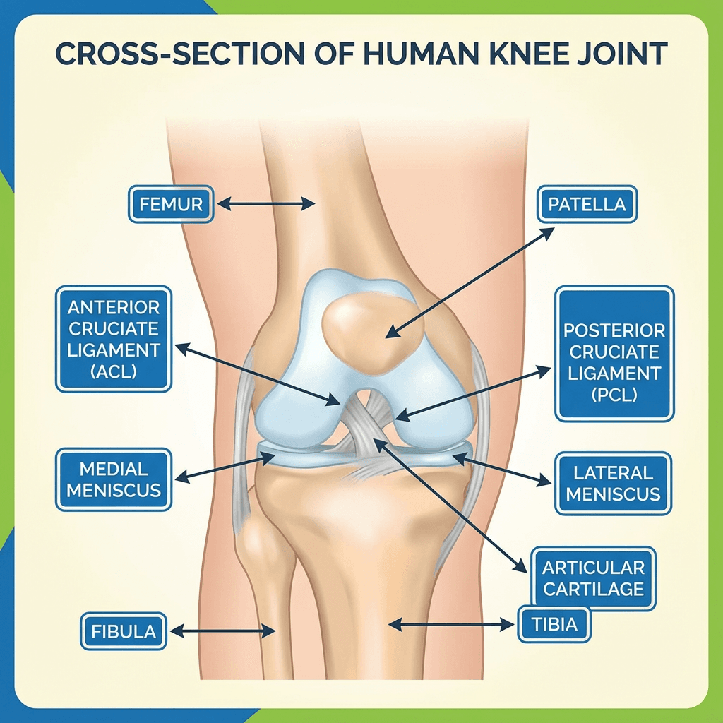 Detailed medical illustration: cross-sectional view of the human knee joint showing bones, ligaments