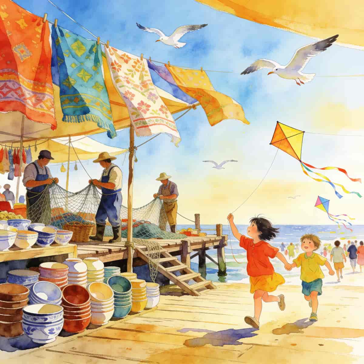 Detailed watercolor illustration of a bustling seaside market at midday: colorful fabric stalls, fis