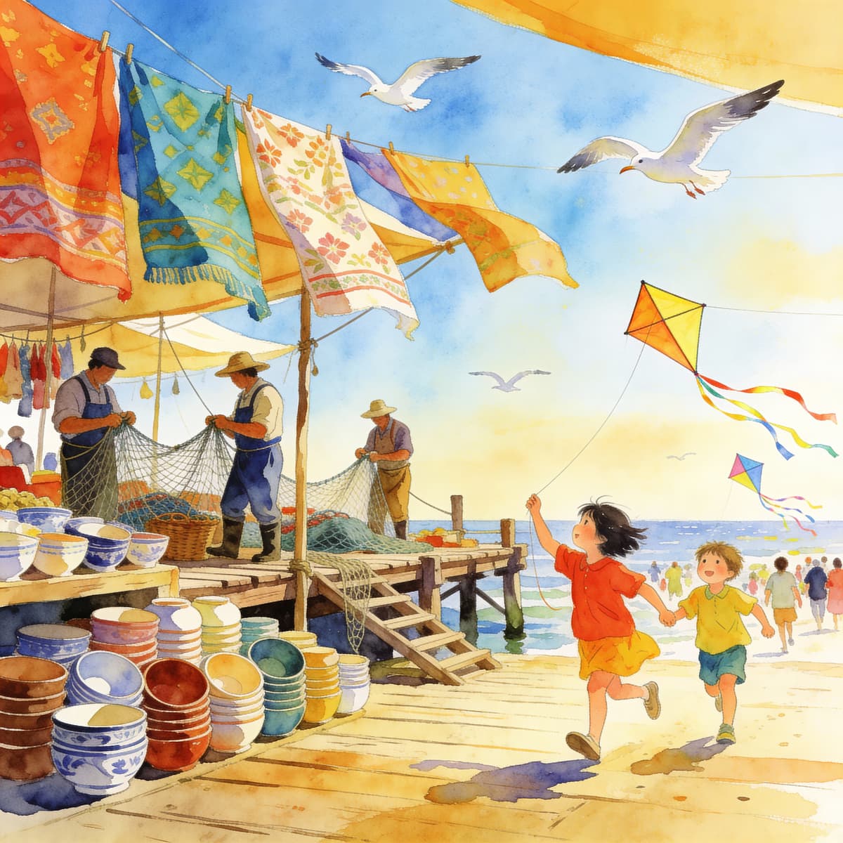 Detailed watercolor illustration of a bustling seaside market at midday: colorful fabric stalls, fis