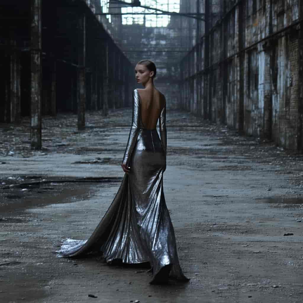 Editorial fashion photograph of a model in an avant-garde metallic gown walking through an abandoned