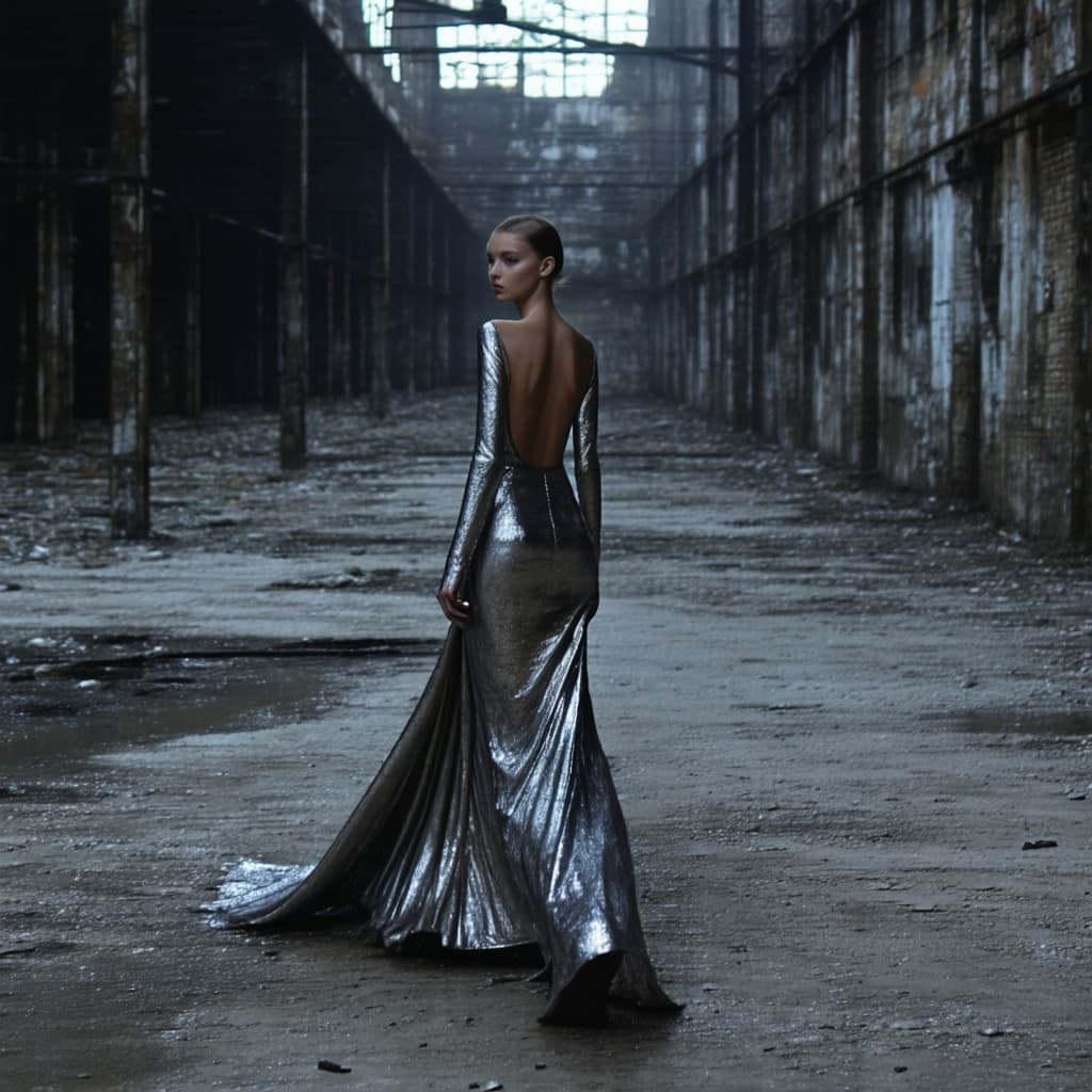 Editorial fashion photograph of a model in an avant-garde metallic gown walking through an abandoned