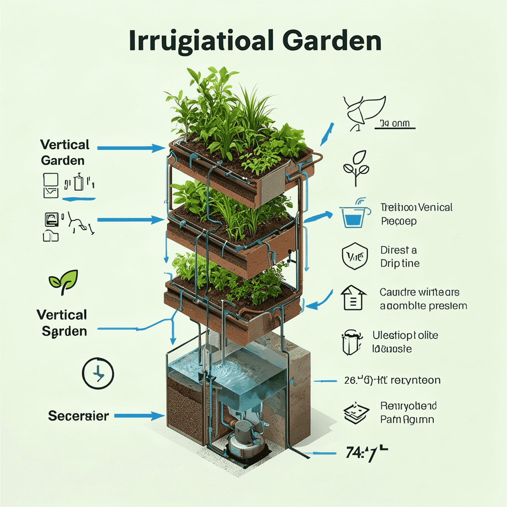 Educational infographic showing a step-by-step illustrated guide to a vertical garden irrigation sys