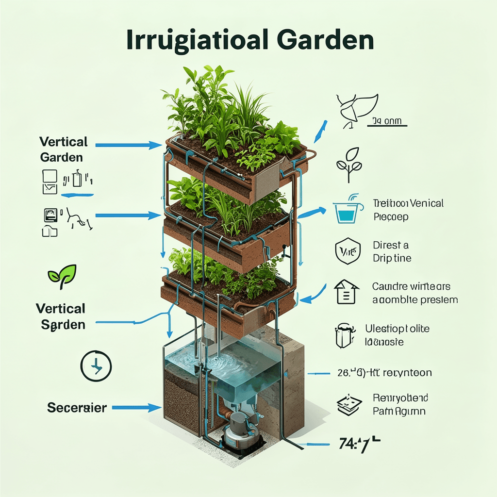 Educational infographic showing a step-by-step illustrated guide to a vertical garden irrigation sys