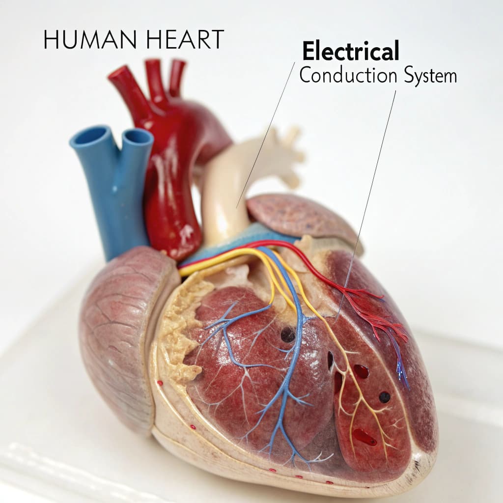 Educational medical illustration of the human heart in semi-transparent view showing interior chambe
