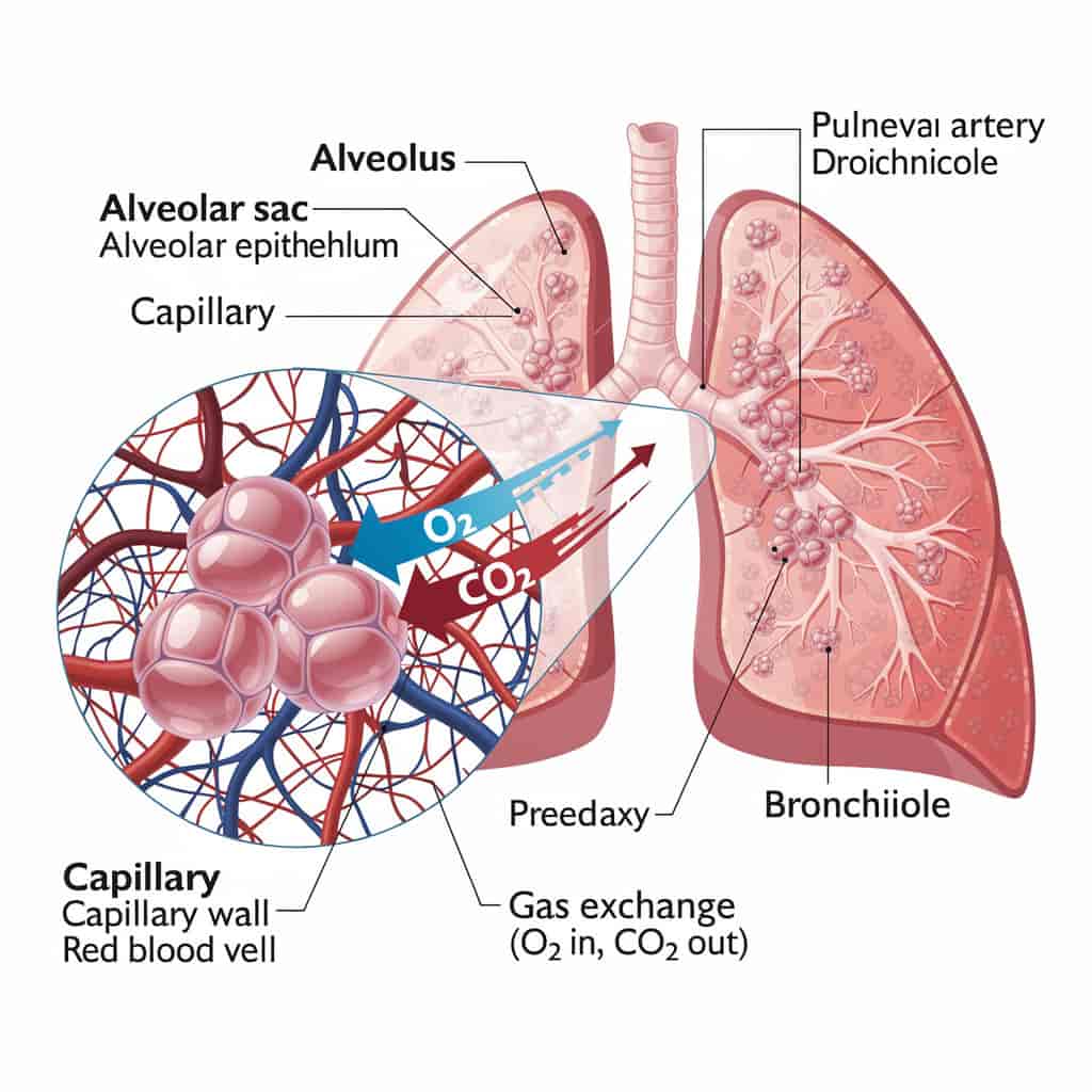 Educational medical illustration showing a cross-section of a human lung with labeled alveoli and ca