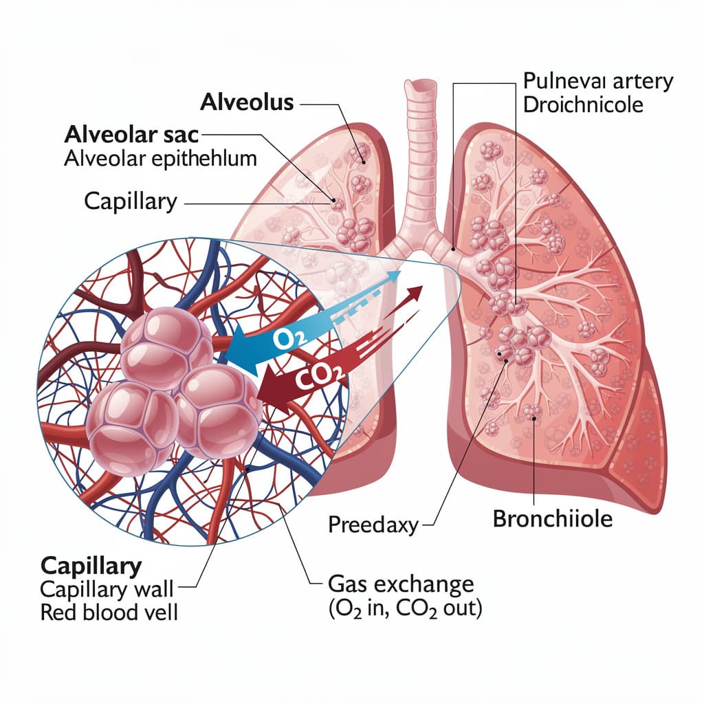 Educational medical illustration showing a cross-section of a human lung with labeled alveoli and ca